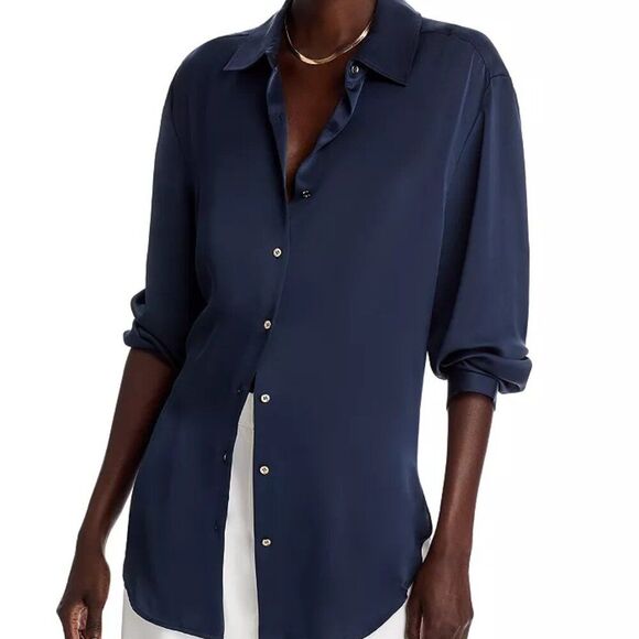 Ramy Brook Navy Satin Kolby Button Down blouse Size S - Picture 1 of 8